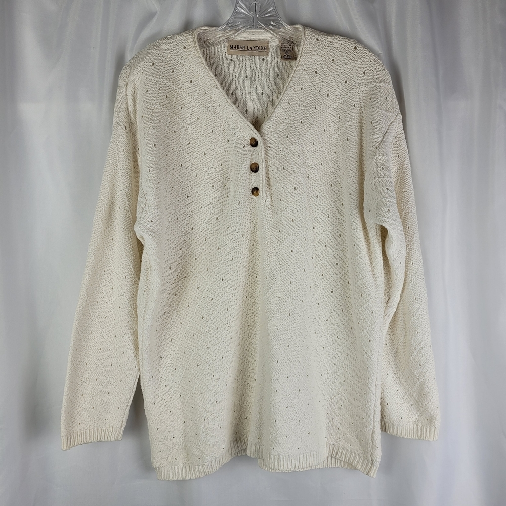 Vintage Marsh Landing Ramie Cotton Ivory Cream Eyelet Henley Sweater Size Small - Picture 1 of 13